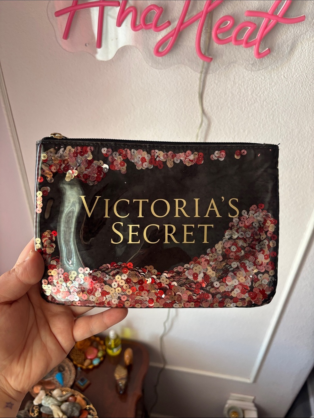 Victoria's Secret Black Sequin Cosmetic Pouch with Pink & Red Accents